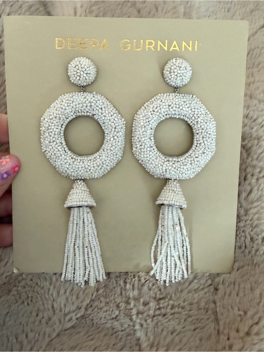 Deepa Gurnani White Beaded Octagon Tassel Drop Earrings